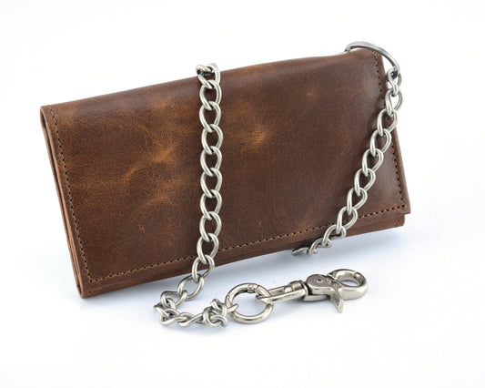 BWC234 Brown Long Bi-Fold Biker Leather Chain Wallet