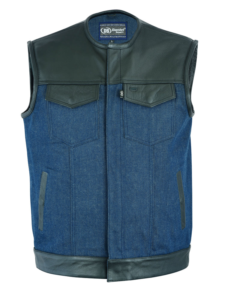 DM933 Men's Leather/Denim Combo Vest (Black/Broken Blue)