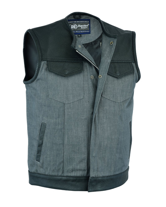 DM934 Men's Perforated Leather/Denim Combo Vest (Black/ Ash Gray)