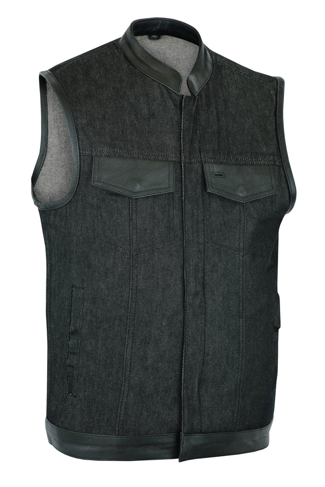 DM962 Men's Rough Rub-Off Raw Finish Denim Vest W/Leather Trim - Scoo