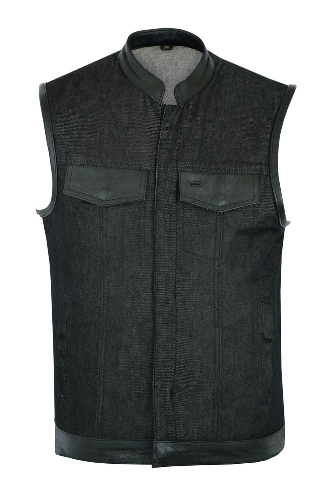 DM962 Men's Rough Rub-Off Raw Finish Denim Vest W/Leather Trim - Scoo