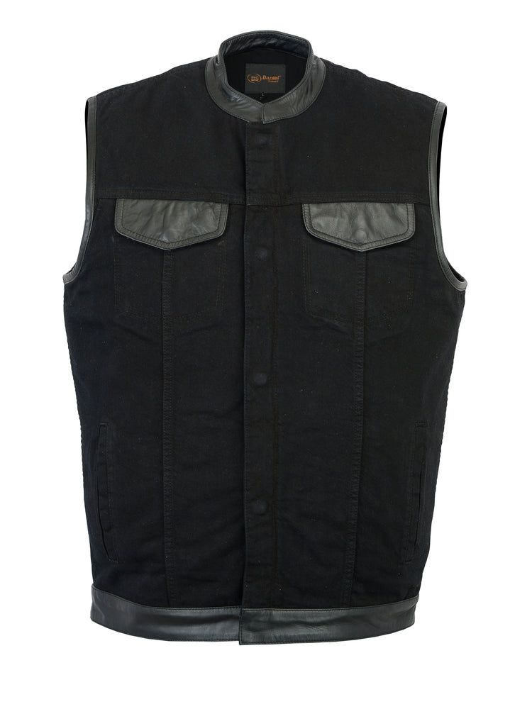 DM992 Men's Black Denim Single Panel Concealment Vest W/ Leather Trim