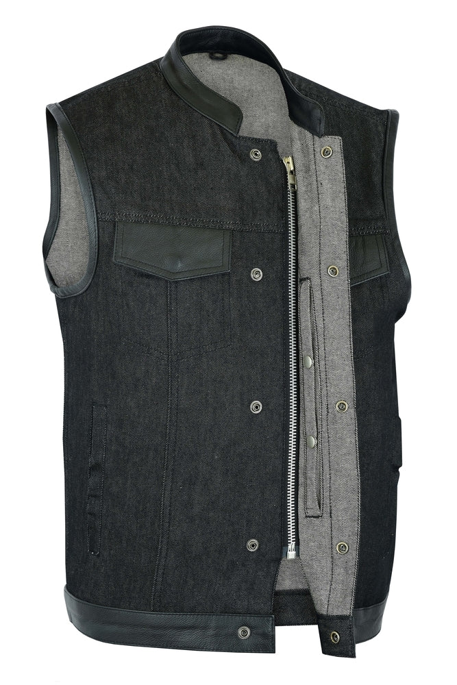 DM962 Men's Rough Rub-Off Raw Finish Denim Vest W/Leather Trim - Scoo